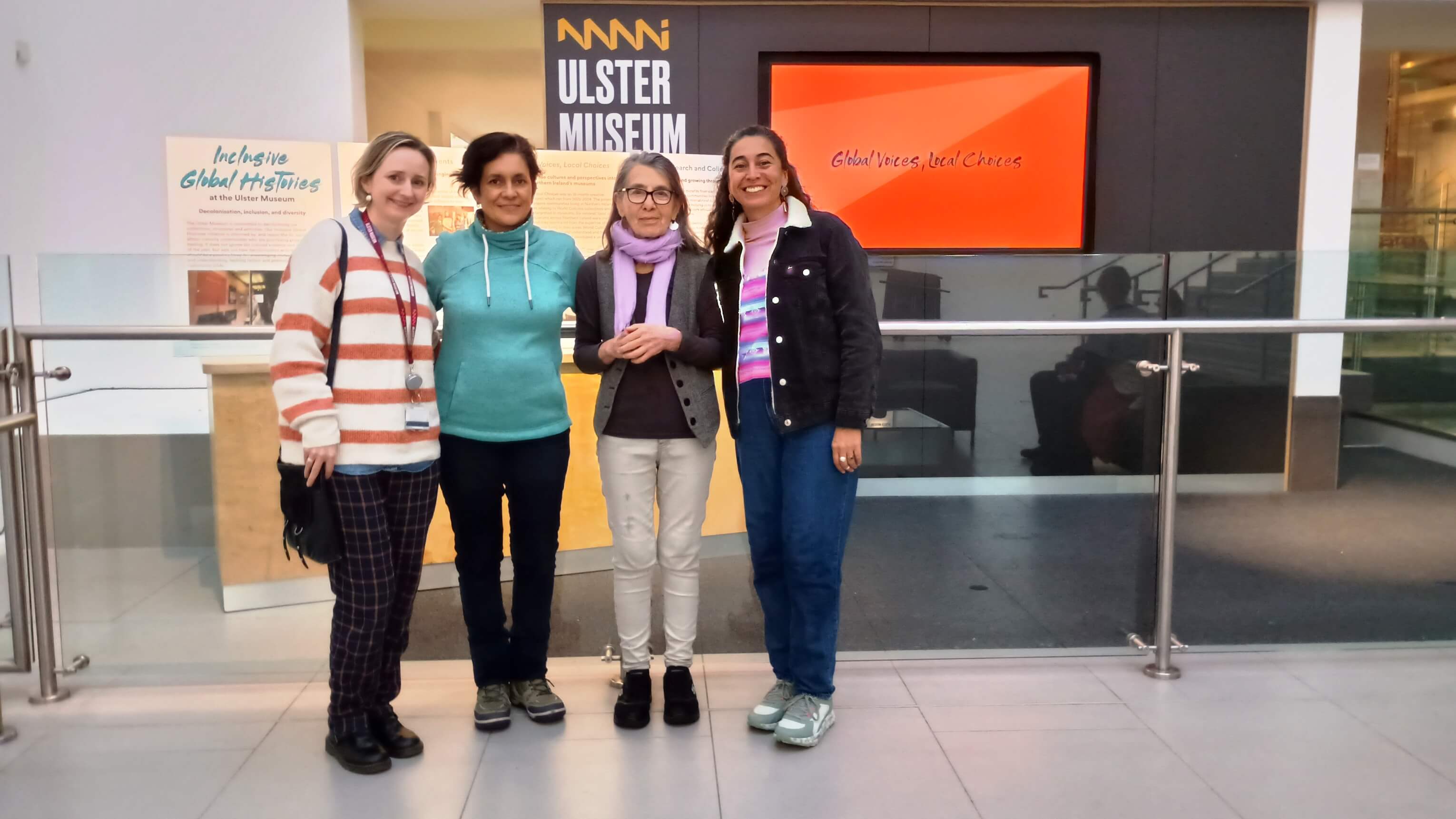 Foyer Ulster Museum, left to right, Triona White-Hamilton (UM curator), Veronica Sánchez (Museum of Memory Chile), Roberta Bacic (CT curator), Daniela Pizarro (Chilean textile community artist)